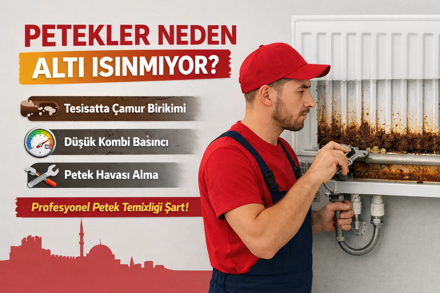 Peteklerin altının ısınmamasına neden olan tesisat çamuru ve düşük kombi basıncı sorununu kontrol eden Kayseri kombi servisi teknisyeni