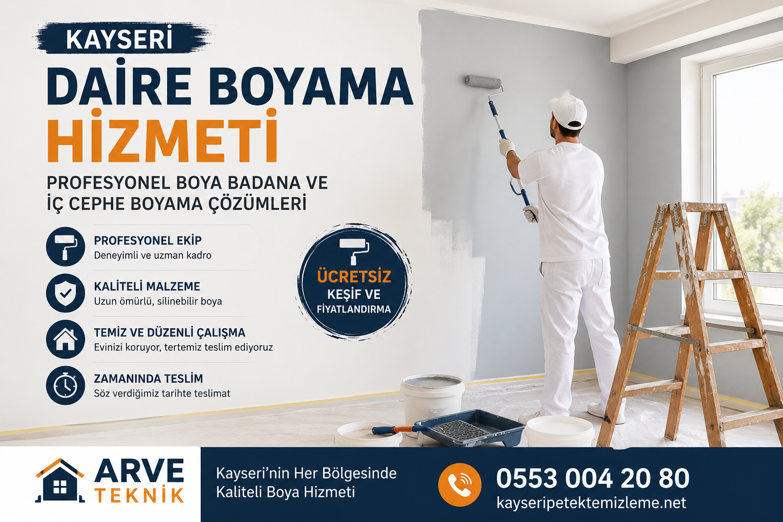 Kayseri daire boyama hizmeti kapsamında profesyonel iç cephe boya badana uygulaması yapan Arve Teknik ekibi